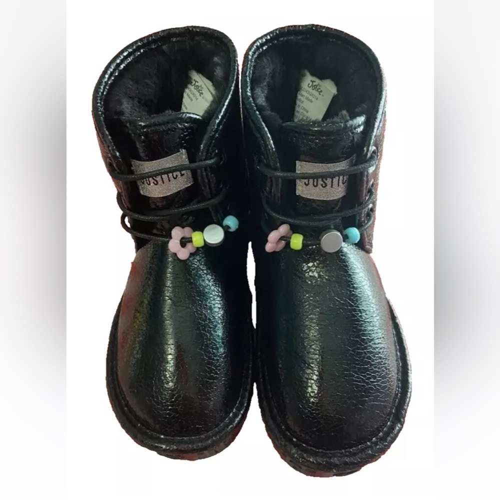 JUSTICE Little Girl’s Shiny Black Shearling Slip On Boots Size 2( Little Girl)
